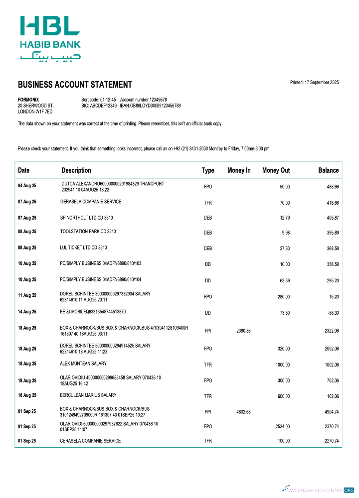 Download Pakistan Habib business checking account statement Word and PDF template Photoshop template